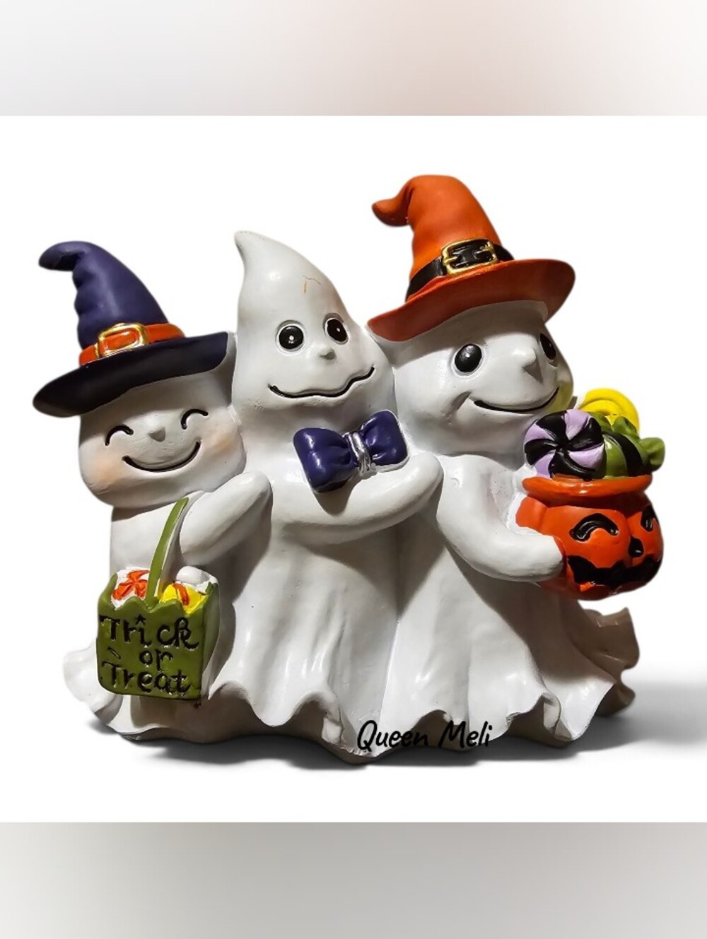 Triple Ghost Halloween Figurine with Colorful Witch Hats